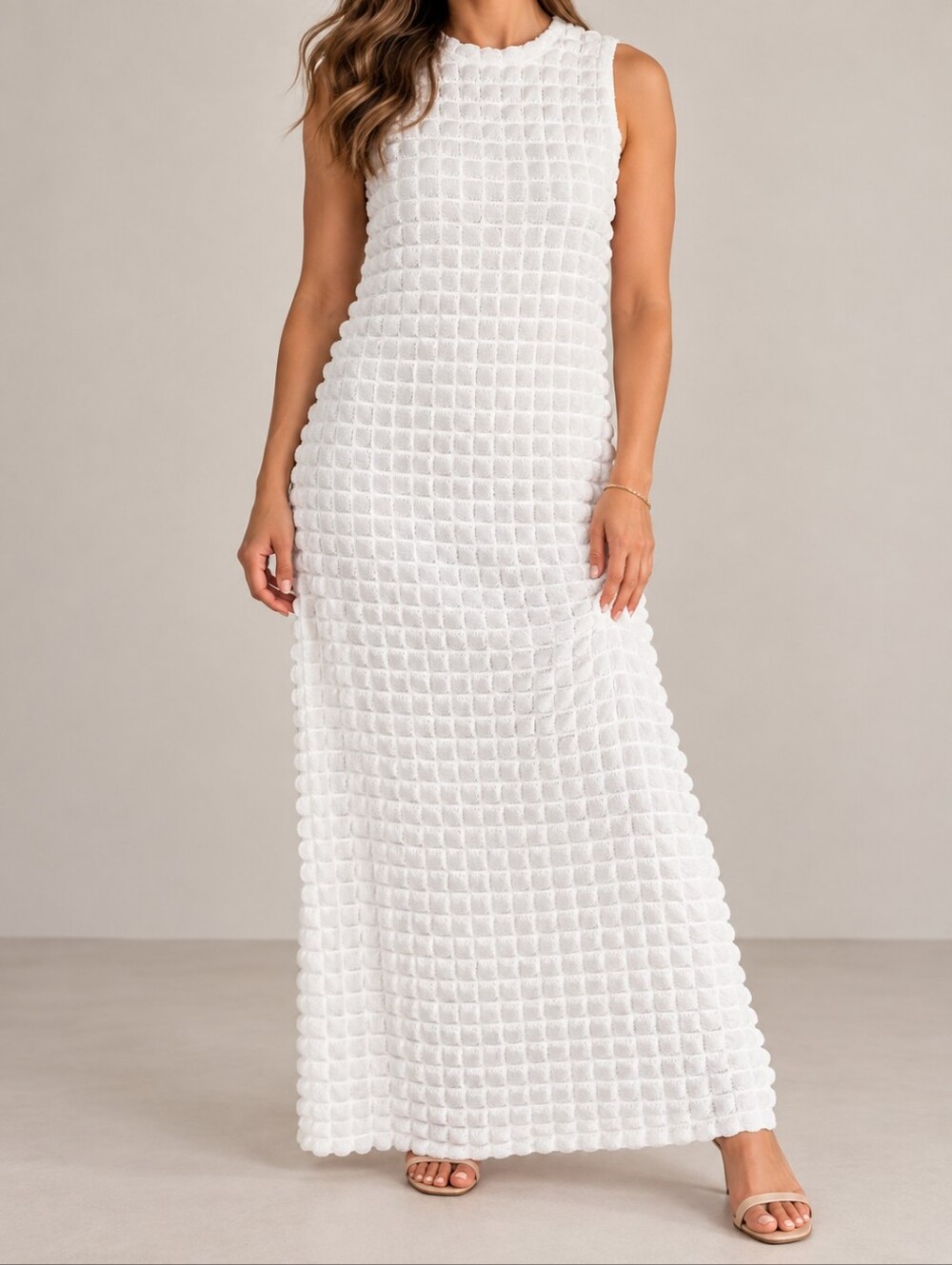 Jon & Anna White Textured Stretch Maxi Dress Raised Grid Sleeveless NWT